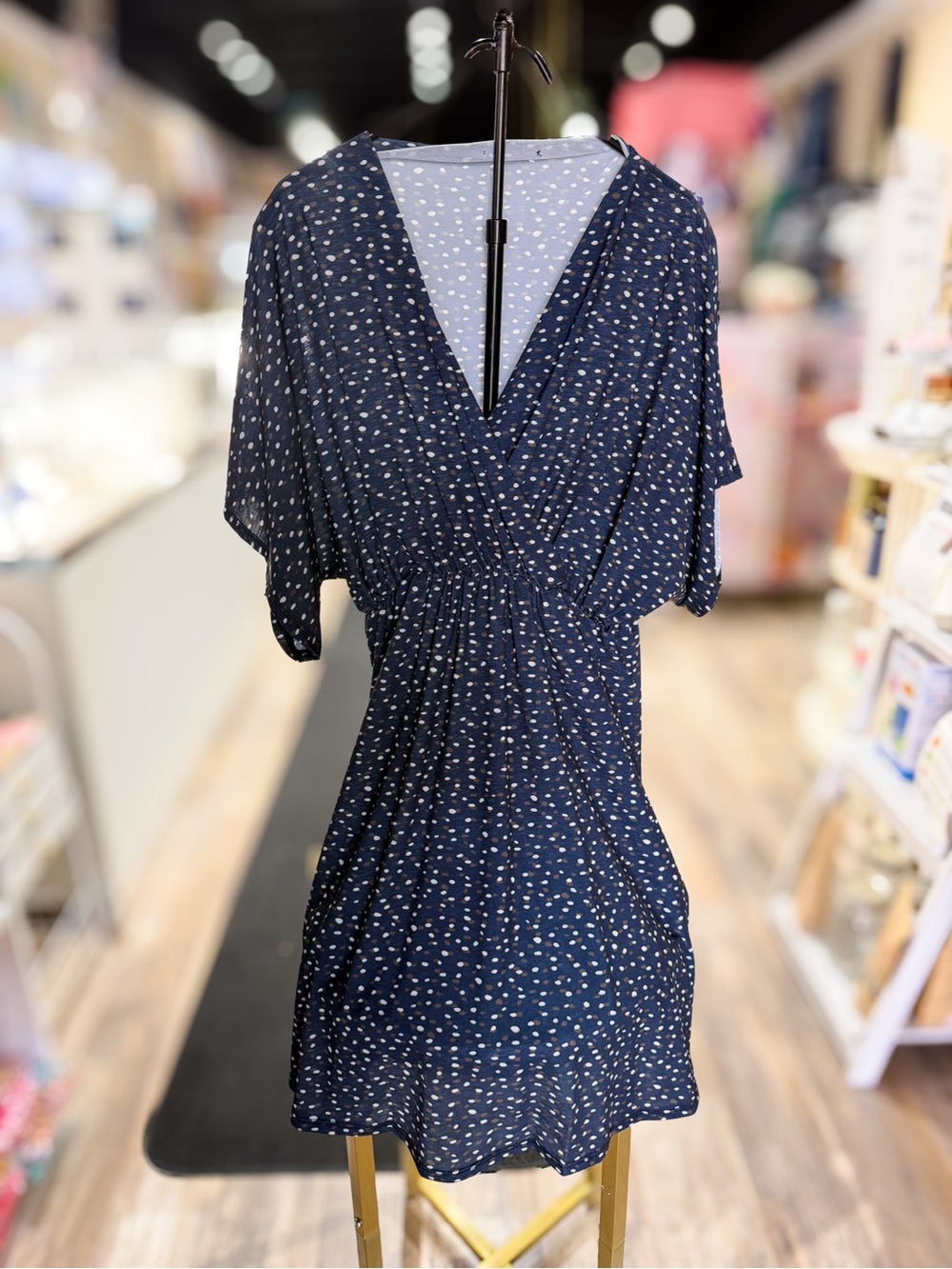 Navy Specked Wrap V-Neck Midi Dress